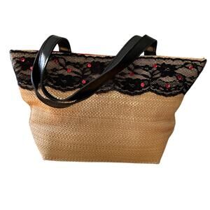 Victoria Secret Small Purse Lace Detail with Sequins Woven Straw Tan Vintage 90s